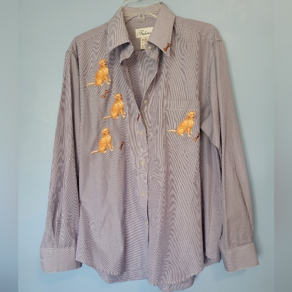 Fabrizio Stripe Embroidered Golden Retriever Button-down Shirt Blue L
